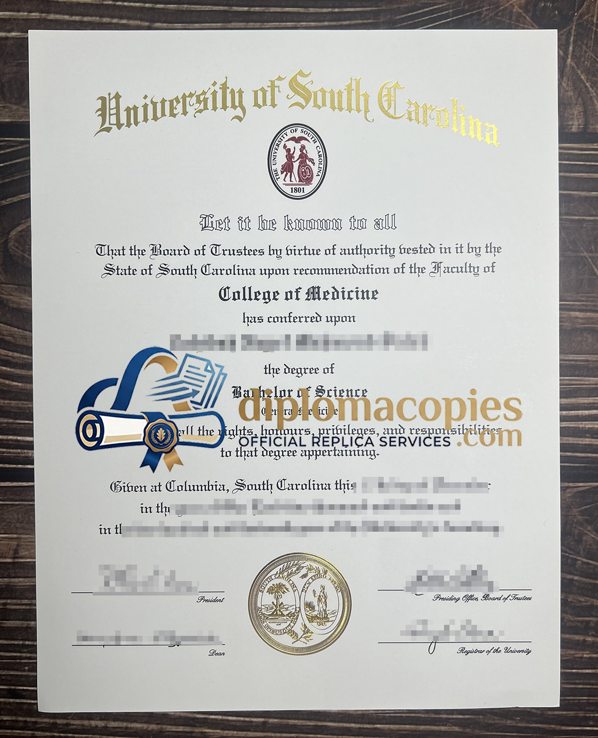 University of South Carolina degree certificate